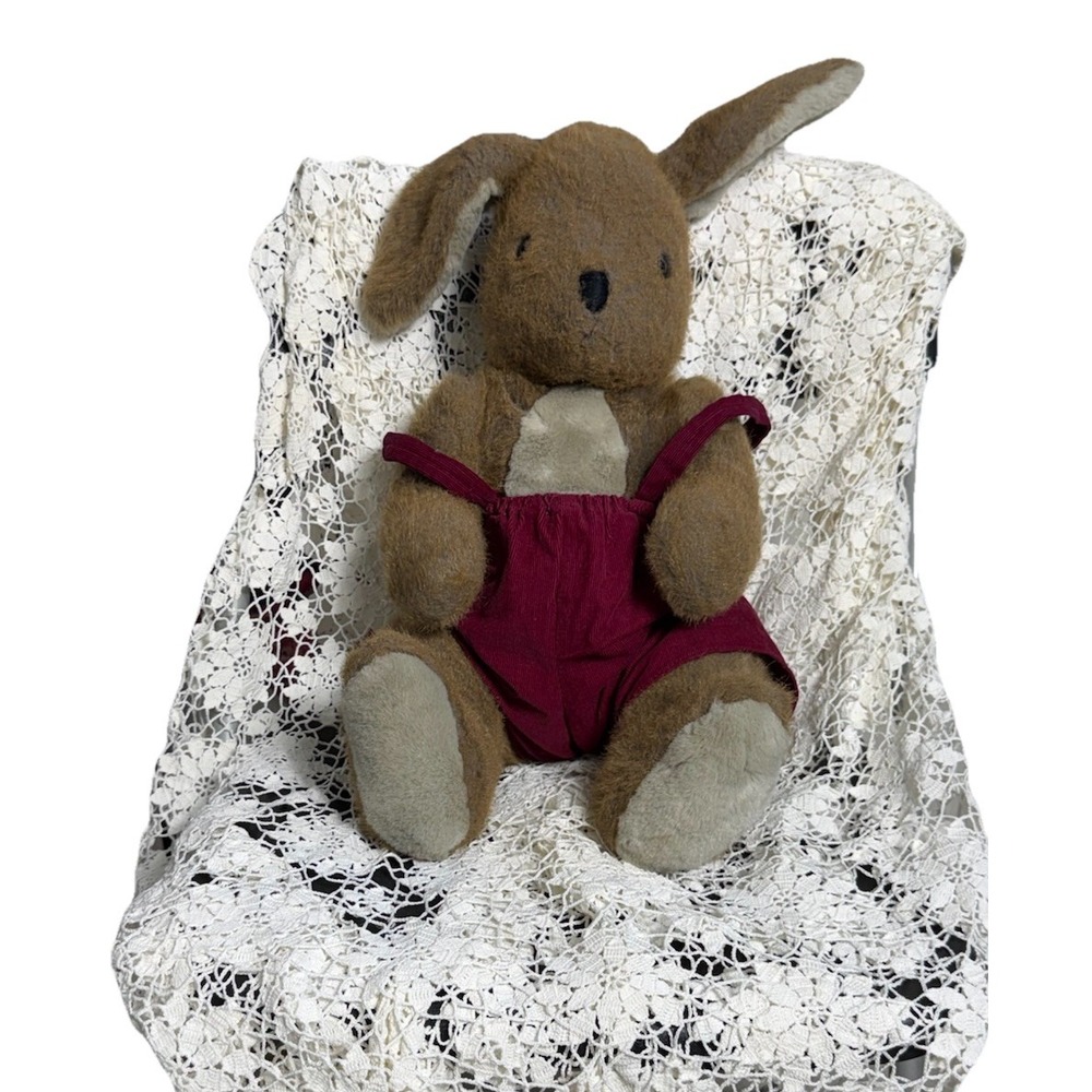 Vtg 80s Sitting Brown Plush Bunny Rabbit Overalls Easter Stuffed Animal